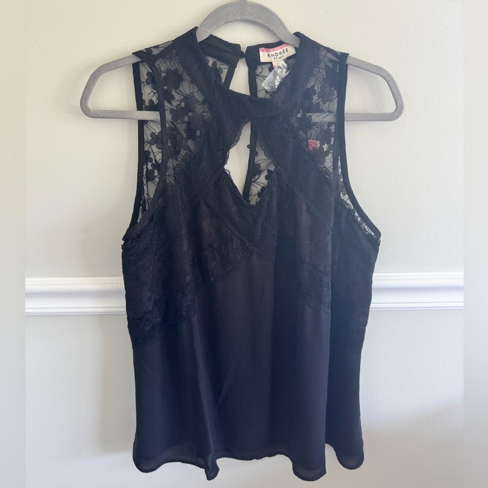 Andrée by Unit Black Lace Detail Sleeveless Blouse, Large